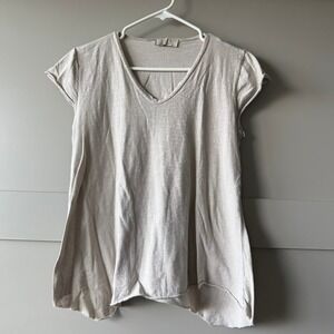 SAGA Italy Cotton Top Womens M Tan Raw Edge High Low V Neck Short Sleeve